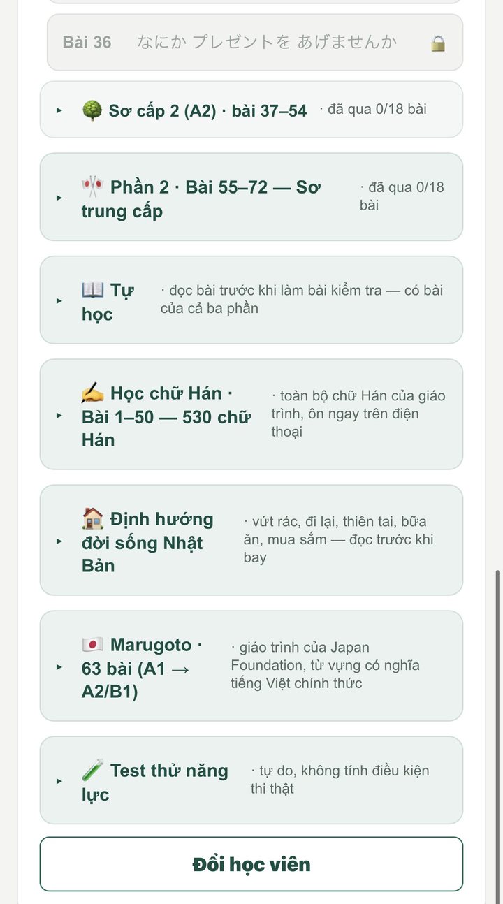 Màn hình app tự học liệt kê các nhánh: Sơ trung cấp bài 55–72, Học chữ Hán 530 chữ, Định hướng đời sống Nhật Bản, Marugoto 63 bài, Test thử năng lực