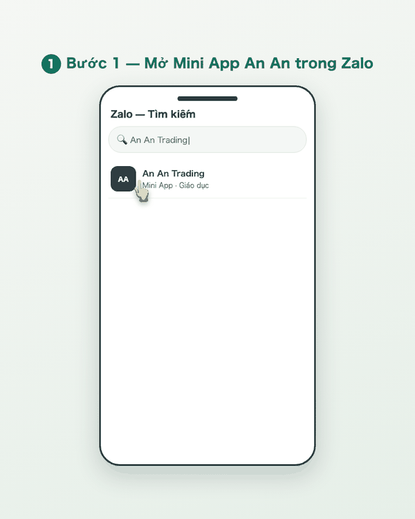 Ảnh động minh hoạ sáu bước dùng mục Ôn tập: tìm Mini App trong Zalo, bấm tab Ôn tập, nhập mã học viên, chọn mục học, đọc bài tự học, làm bài và xem kết quả