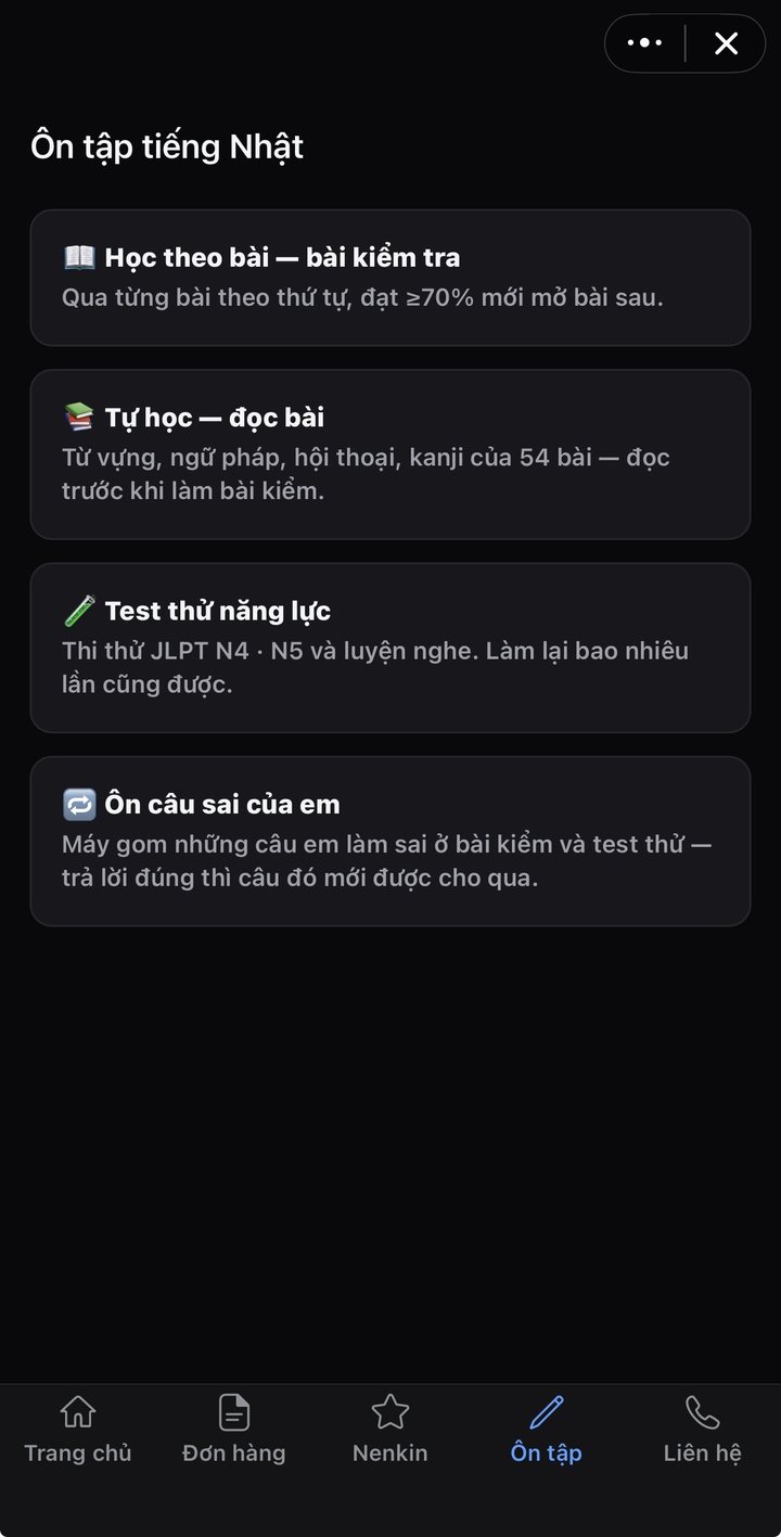 Mục Ôn tập trong Zalo Mini App An An Trading với bốn phần: Học theo bài, Tự học đọc bài, Test thử năng lực và Ôn câu sai của em
